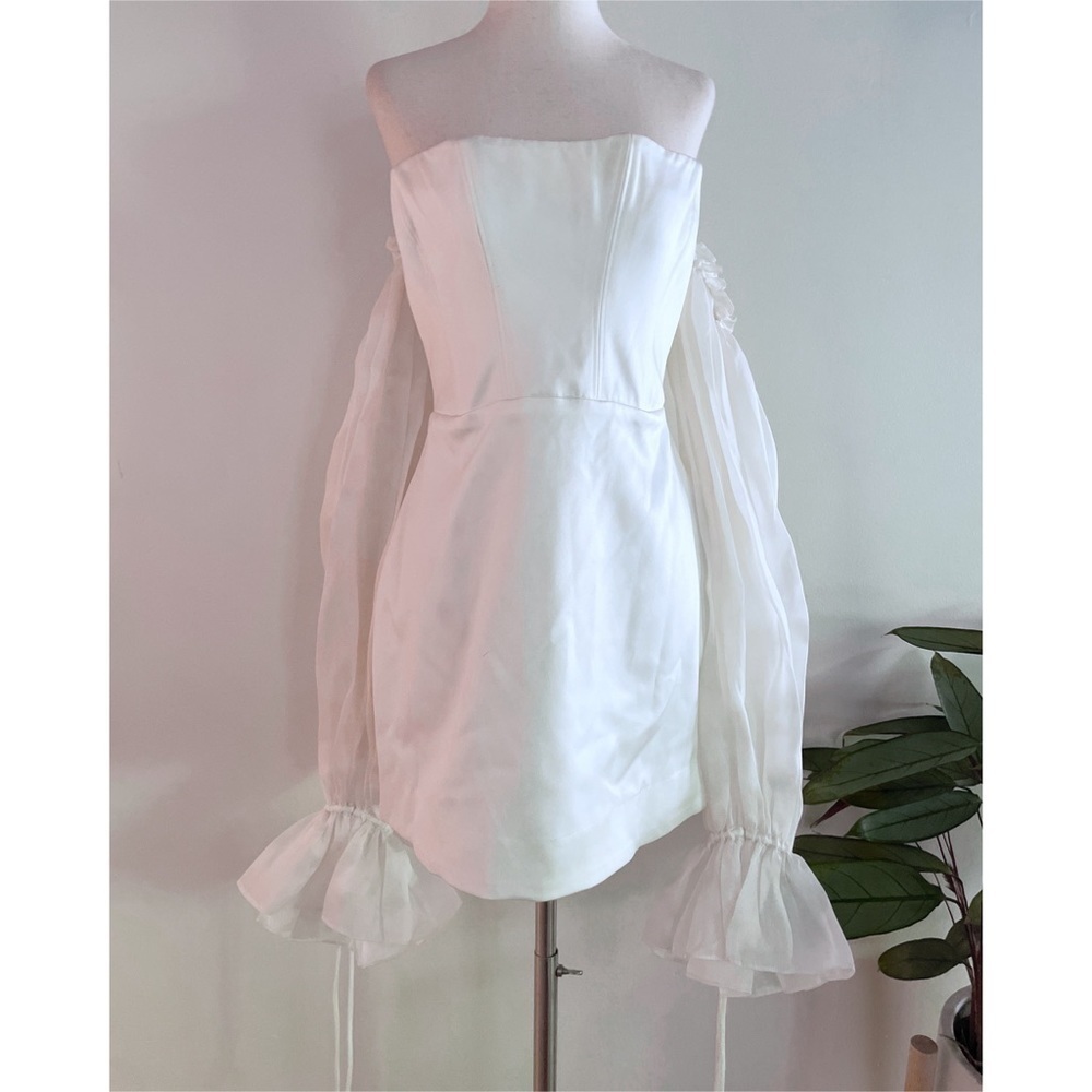 NWT House of CB Marisa Ivory Satin Corset Tulle Long Sleeves Mini Bodycon Dress - Picture 2 of 14